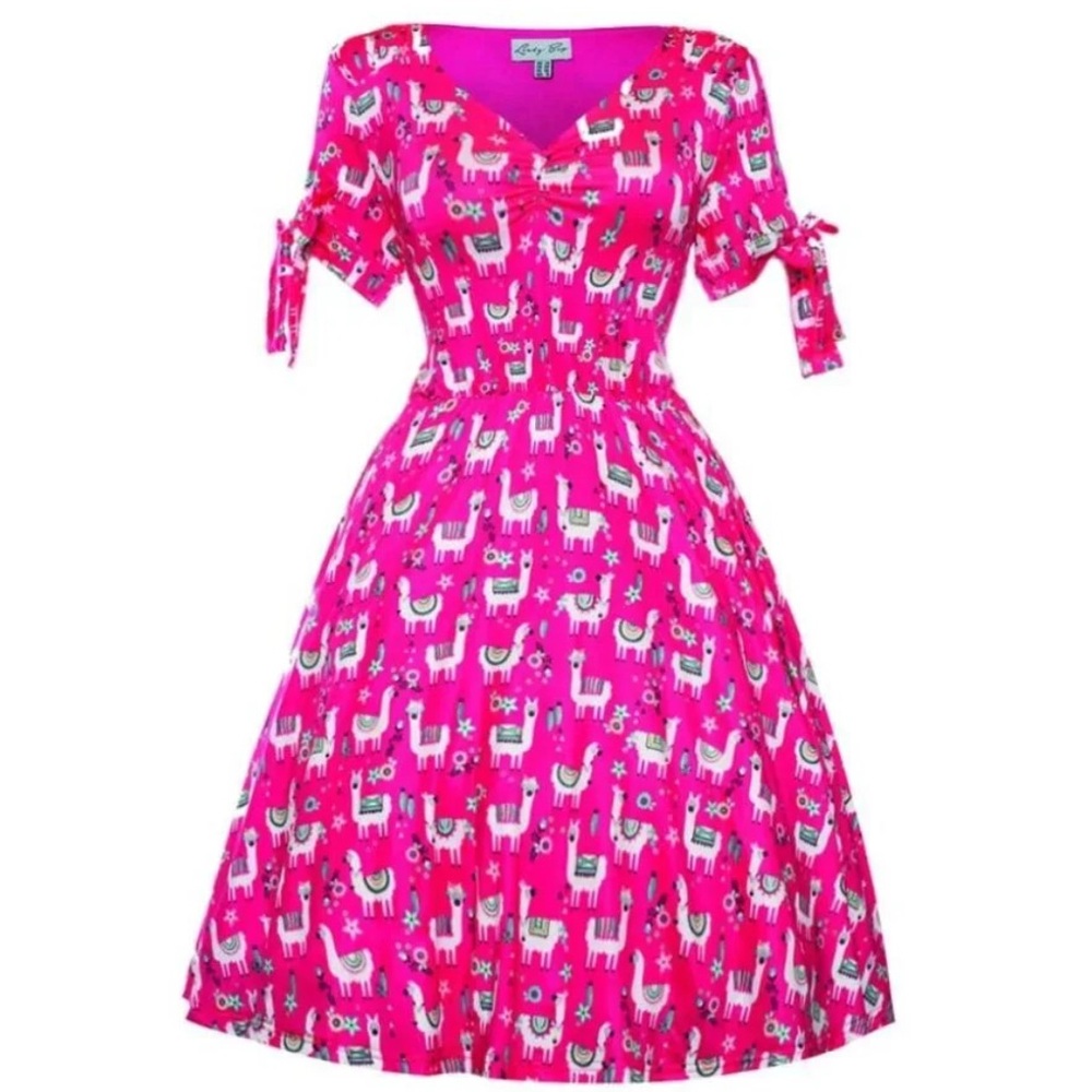 Bright Pink Llama Print Fit & Flare Dress